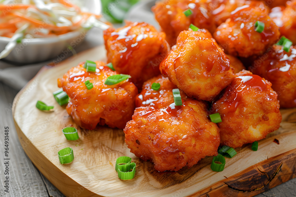 Mouthwatering BBQ chicken nuggets with tangy sauce, coleslaw, and green onions served on a colorful plate Mouthwatering BBQ chicken nuggets with tangy sauce, coleslaw, and green onions served on a colorful plate