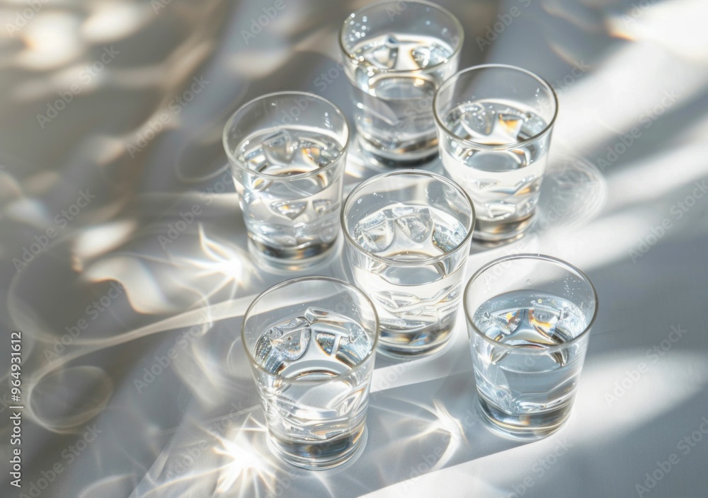 water, glass, reflections, light, clear, drink, transparent Six clear glasses filled with water arranged in a circular pattern on a white background, casting beautiful light reflections water, glass, reflections, light, clear, drink, transparent Six clear glasses filled with water arranged in a circular pattern on a white background, casting beautiful light reflections