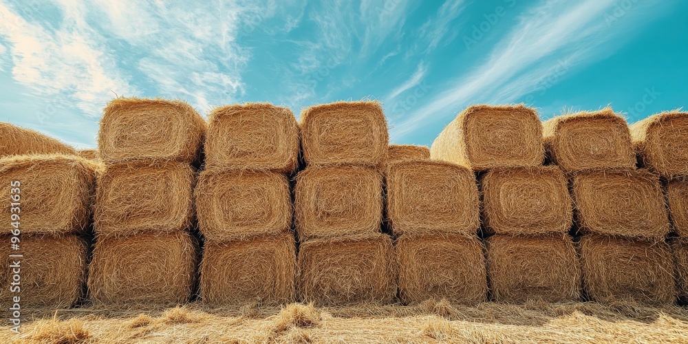 Stacked Hay Bales Under Cloudy Sky Representing Sustainable Farming Stacked Hay Bales Under Cloudy Sky Representing Sustainable Farming