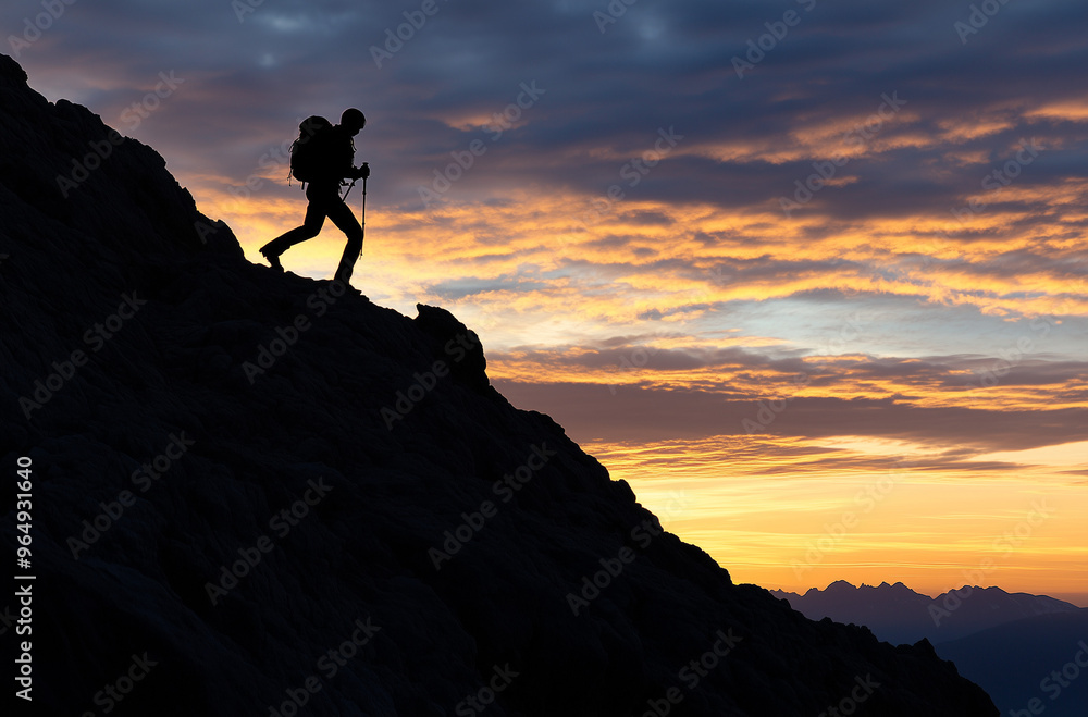 Solitary Hiker Ascending a Rocky Mountain Trail with Determination Solitary Hiker Ascending a Rocky Mountain Trail with Determination