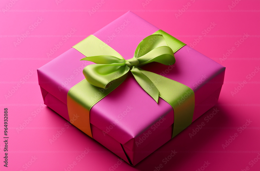 Obraz premium Magenta Gift Box with a Lime Ribbon on a Magenta Background