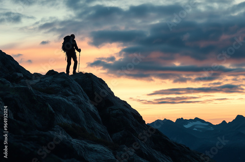 Solitary Hiker Ascending a Rocky Mountain Trail in Serenity