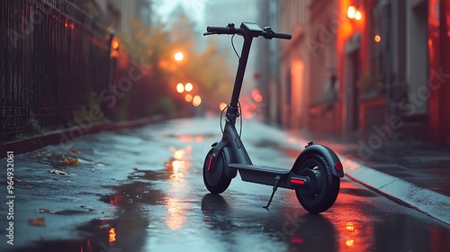 A black electric scooter sits on a wet city street with streetlights in the background.