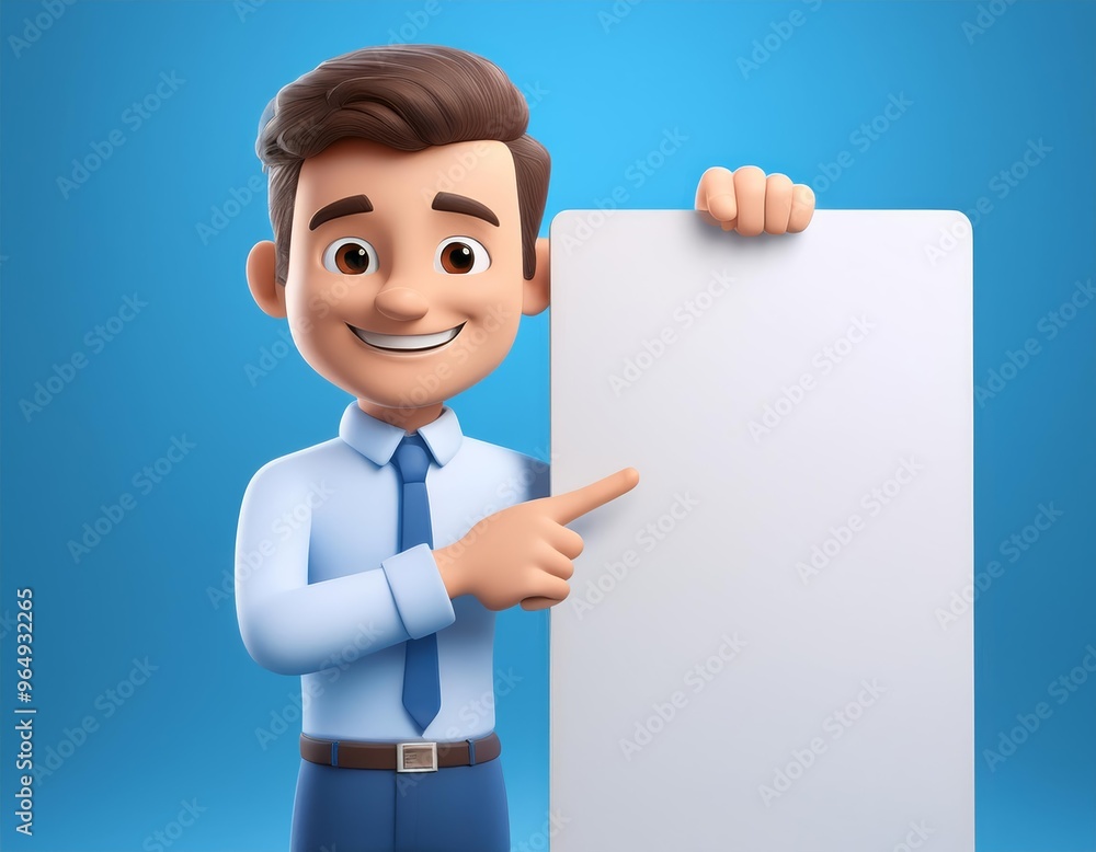 3D smiling cartoon businessman points at a blank sign, 3D illustration 3D smiling cartoon businessman points at a blank sign, 3D illustration