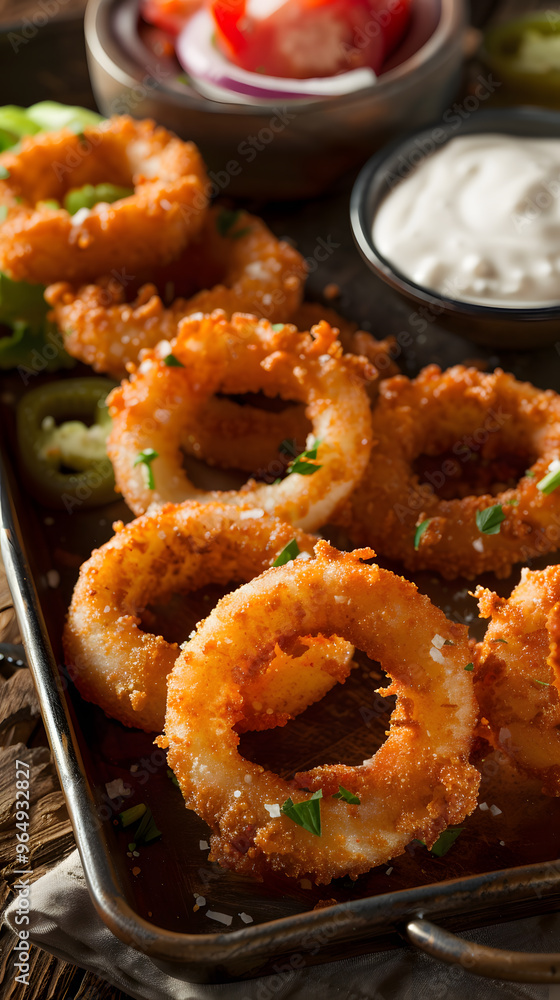 Delectable spicy onion rings with chili seasoning, ranch dipping sauce, and pickled vegetables served on a colorful plate Delectable spicy onion rings with chili seasoning, ranch dipping sauce, and pickled vegetables served on a colorful plate
