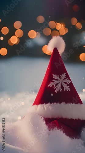 A red Santa hat on fluffy, white snow with a gentle Christmas snowfall, twinkling lights in the background