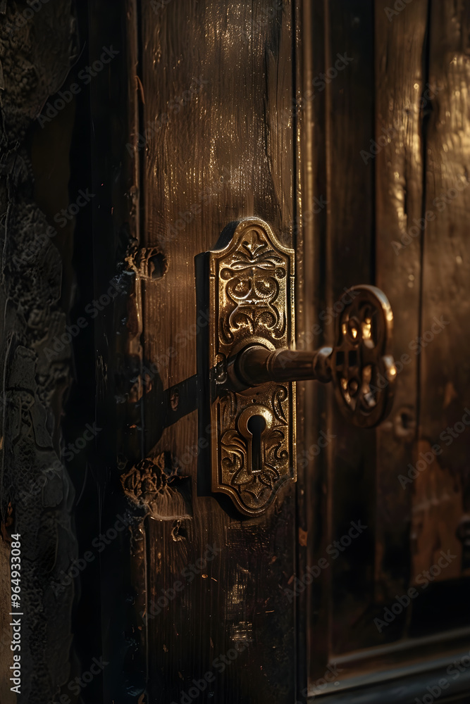 Unlocking Hidden Secrets: An Antique Key Turning in a Intricate Lock on a Weathered Wooden Door Unlocking Hidden Secrets: An Antique Key Turning in a Intricate Lock on a Weathered Wooden Door