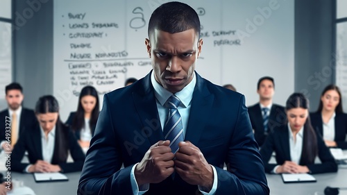 A determined businessman in a blue suit and a blue tie stands in front of a boardroom of colleagues, conveying power and leadership. 
 photo