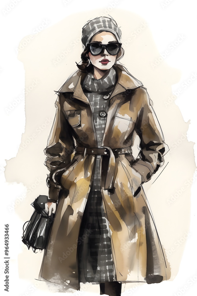 Modeillustration einer stilvollen Frau mit Trenchcoat und Sonnenbrille - Ai-Ki generiert Modeillustration einer stilvollen Frau mit Trenchcoat und Sonnenbrille - Ai-Ki generiert