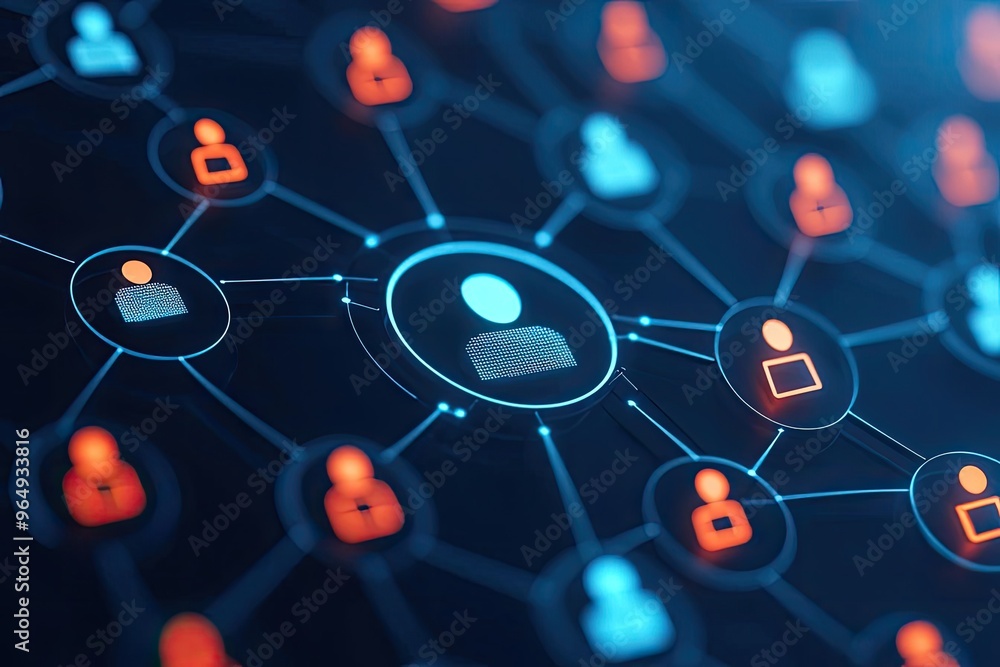 Abstract digital network with user icons connected by dotted lines on a dark background representing social media and communication. Abstract digital network with user icons connected by dotted lines on a dark background representing social media and communication.