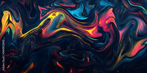 Abstract swirling pattern of red, blue, yellow and gold paint on a dark background.