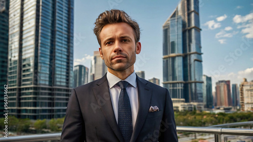 Businessman wearing a suit, format attire, urban professional, cityscape, skyscrapers, outdoors, office buildings. 