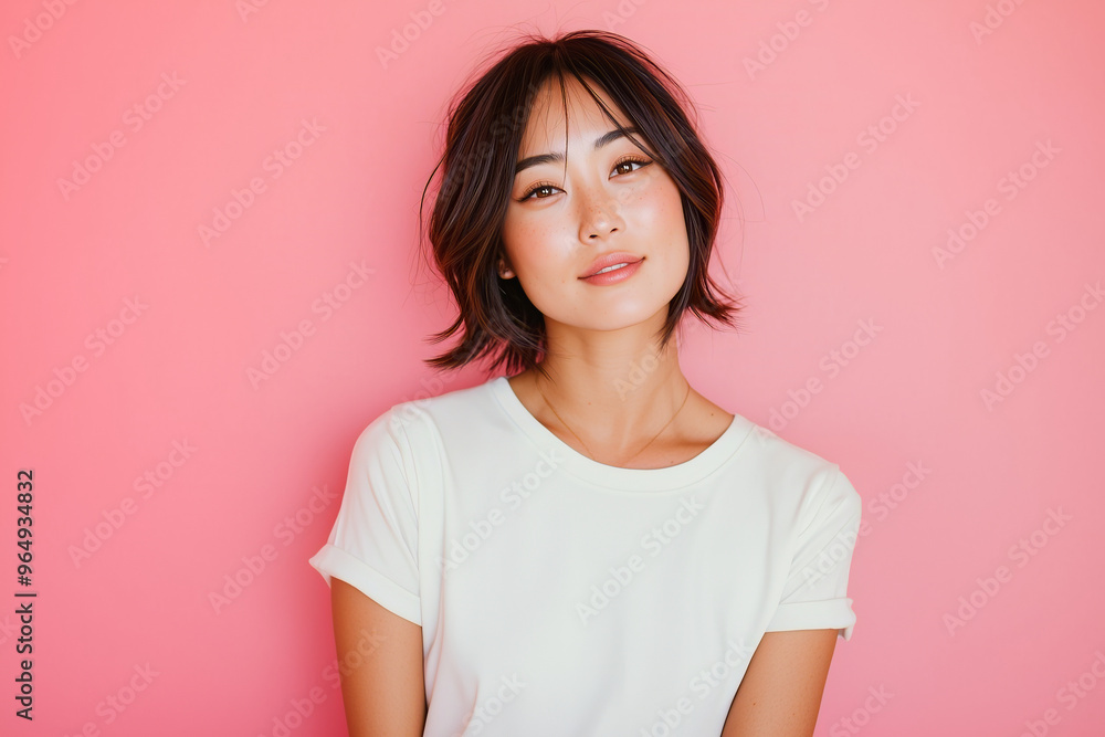 portrait photography of a beautiful woman with soft lighting and neutral expression against pink background portrait photography of a beautiful woman with soft lighting and neutral expression against pink background