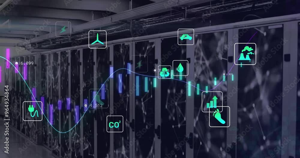 Animation of diagram and data processing over server room Animation of diagram and data processing over server room