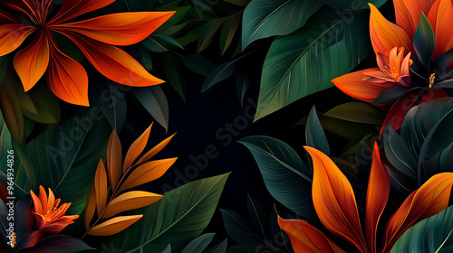 Wallpaper Mural Vibrant orange and green tropical leaves frame a dark background. The leaves create a lush and inviting border. Torontodigital.ca
