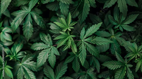 A close-up view of lush green cannabis leaves, showcasing their intricate shapes and vibrant colors.