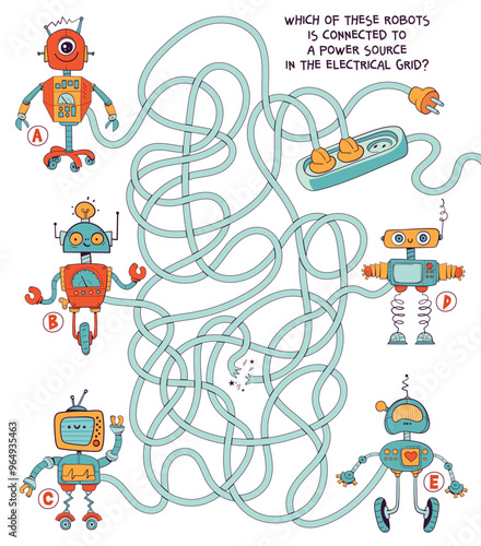 Which of these robots is connected to a power source in the electrical grid? Children logic game to pass the maze. Educational game for kids. Attention task. Choose right path. Funny cartoon character