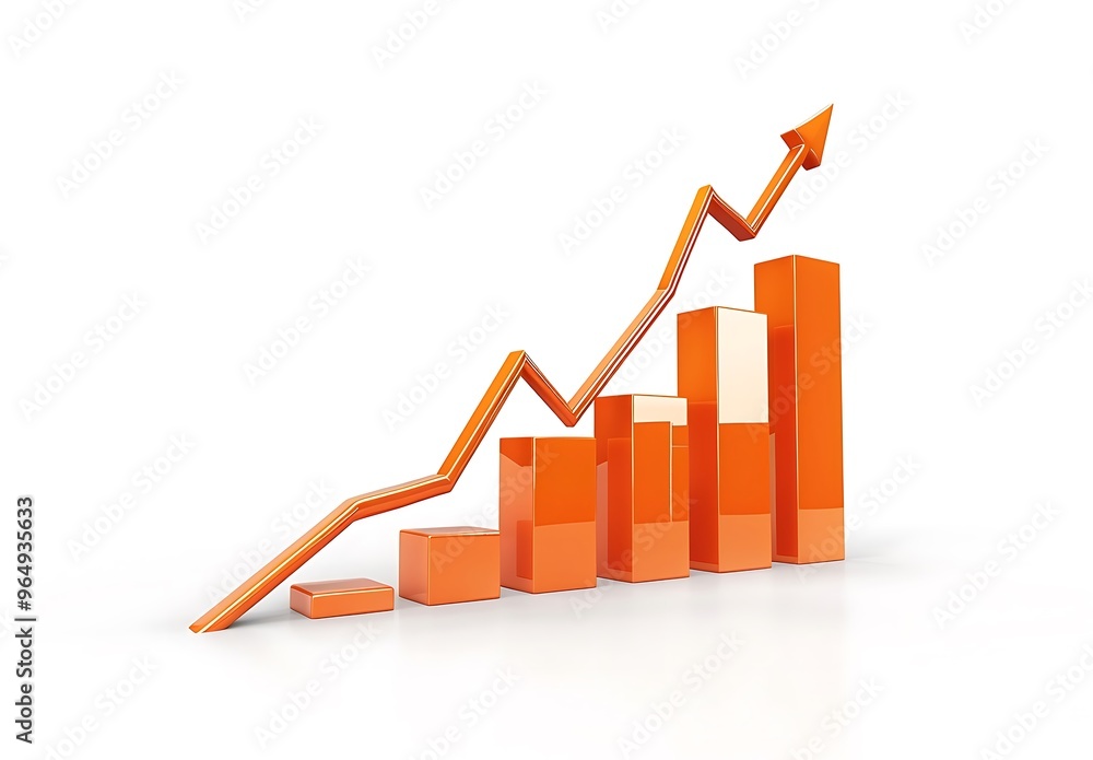 3D Render of an Orange Upward Trend Business Growth Graph with Arrow on White Background. 3D Render of an Orange Upward Trend Business Growth Graph with Arrow on White Background.