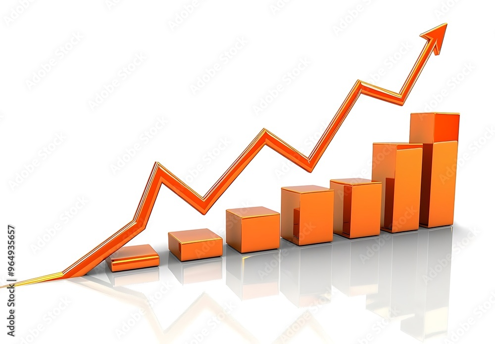 3D Render of an Orange Upward Trend Business Growth Graph with Arrow on White Background. 3D Render of an Orange Upward Trend Business Growth Graph with Arrow on White Background.