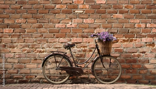 A classic vintage bicycle with a basket of flowers, standing by a faded brick wall, backgrou