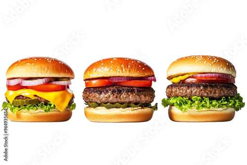 Trois burgers appétissants avec garnitures sur fond transparent PNG photo