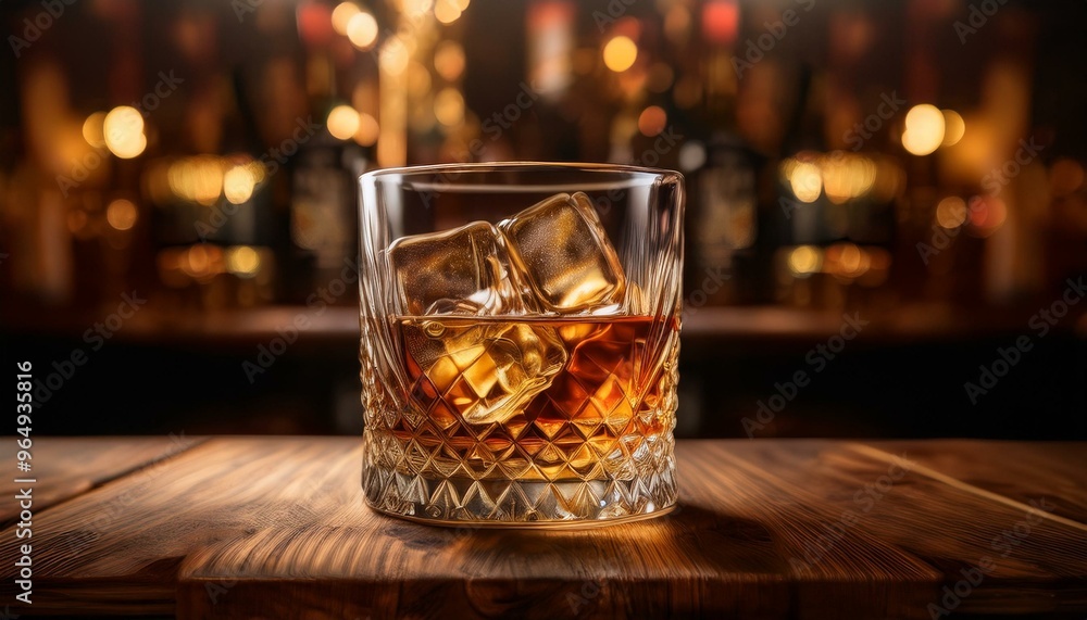 A crystal-clear glass of whiskey with ice cubes, set on a dark wooden table, with a blurred A crystal-clear glass of whiskey with ice cubes, set on a dark wooden table, with a blurred