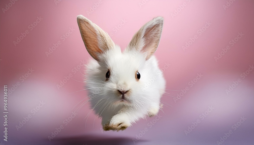 A fluffy, white rabbit in mid-hop with long ears flapping behind. The background is a gentle A fluffy, white rabbit in mid-hop with long ears flapping behind. The background is a gentle