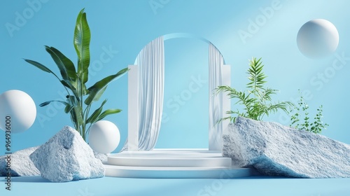 Elegant Minimalistic 3D Render of Modern Collage with Architectural Elements and Open Window on Blue Background