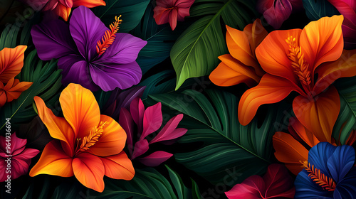 Wallpaper Mural Vibrant tropical flowers in shades of orange, purple, and blue, with lush green foliage, create a vibrant and colorful floral background. Torontodigital.ca