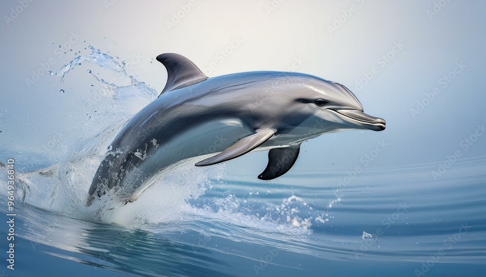 A streamlined dolphin mid-leap, with a slight splash of water beneath. The background is a s A streamlined dolphin mid-leap, with a slight splash of water beneath. The background is a s
