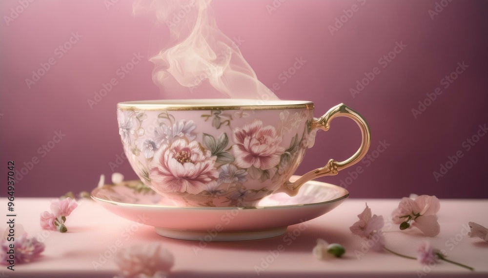 Fototapeta premium A vintage teacup with intricate floral patterns, steam rising gently, with a minimalistic pa 