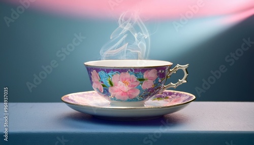 A vintage teacup with intricate floral patterns, steam rising gently, with a minimalistic pa  photo