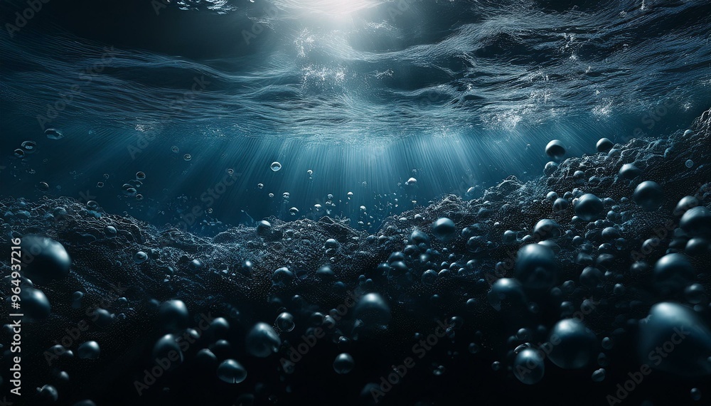 Cluster of small, black underwater air bubbles rising gently from the bottom, with soft ligh Cluster of small, black underwater air bubbles rising gently from the bottom, with soft ligh