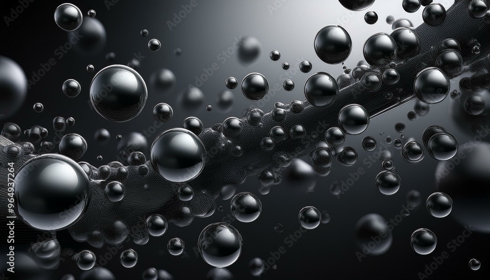 Group of black air bubbles of various sizes rising slowly in a diagonal path across the imag Group of black air bubbles of various sizes rising slowly in a diagonal path across the imag