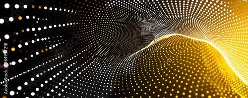 Abstract yellow and white halftone dotted patterns on black background in a tunnel-like motion. Illuminated design.