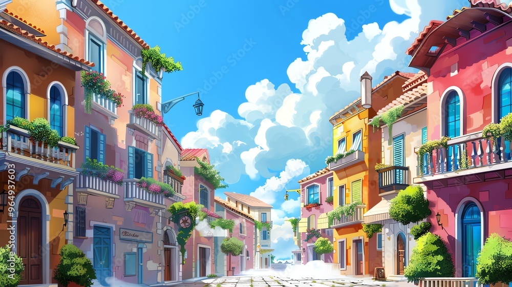 Fototapeta premium A cartoon illustration of a colorful, sunny street scene.