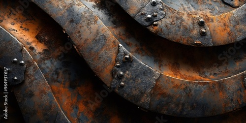 Close up shot of rusty metal surface with rivets.