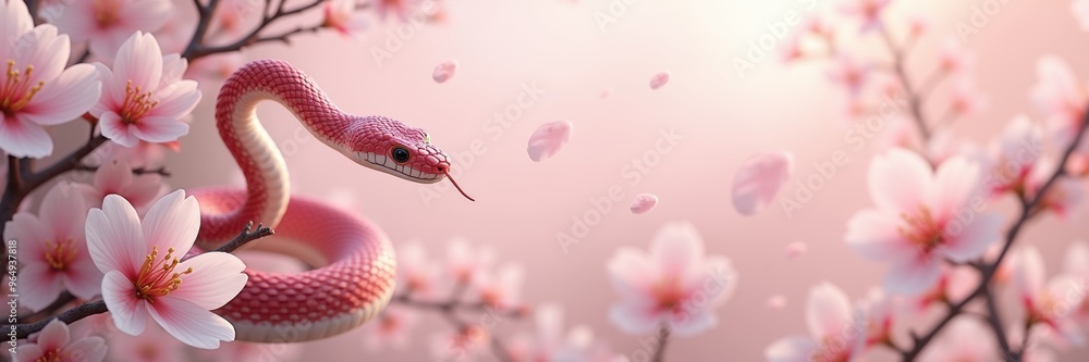 A striking scene featuring a pink snake amidst delicate cherry blossoms, symbolizing nature's beauty and serenity. Ideal for designs related to tranquility, wildlife, or floral themes. A striking scene featuring a pink snake amidst delicate cherry blossoms, symbolizing nature's beauty and serenity. Ideal for designs related to tranquility, wildlife, or floral themes.