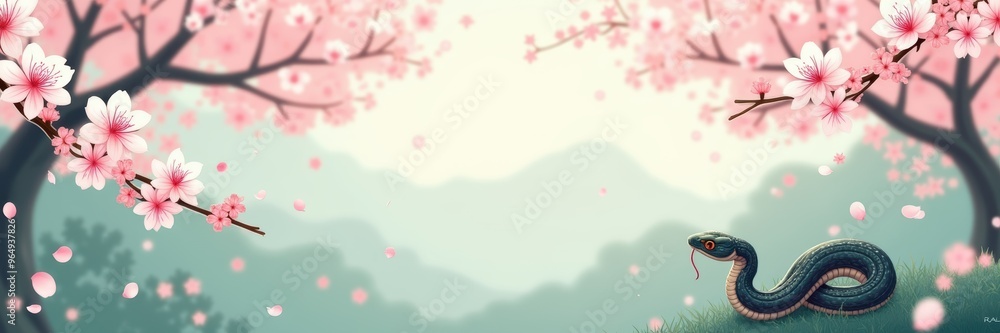 A serene landscape featuring blooming cherry blossoms and a graceful snake, evoking tranquility and nature’s beauty, perfect for artistic and wellness themes. A serene landscape featuring blooming cherry blossoms and a graceful snake, evoking tranquility and nature’s beauty, perfect for artistic and wellness themes.