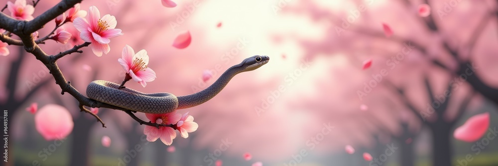 A serene and captivating scene featuring a snake among blooming cherry blossoms, creating a harmonious blend of nature's beauty and tranquility. A serene and captivating scene featuring a snake among blooming cherry blossoms, creating a harmonious blend of nature's beauty and tranquility.