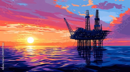 Sunset Oil Rig - Modern Vector Illustration of Offshore Platform in Ocean with Bold Lines and Natural Lighting photo