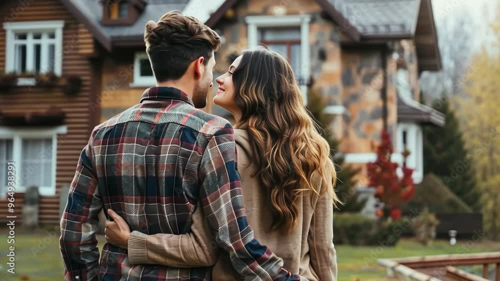 Couple enjoying a cozy moment together outside their charming log cabin during autumn