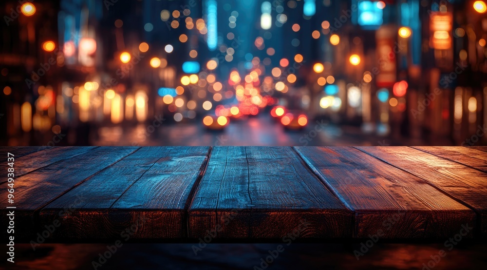 Night Cityscape with a Wooden Table Night Cityscape with a Wooden Table