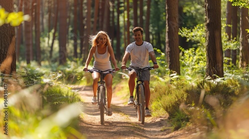 A young couple smiles as they bike through a forest.