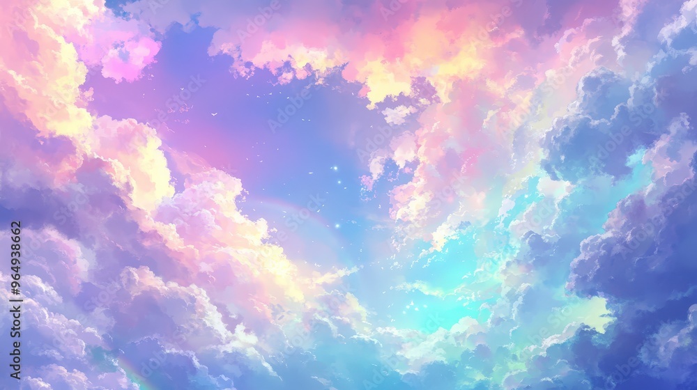 Enchanting Anime Illustration of Pastel-Colored Sky with Rainbow Clouds Enchanting Anime Illustration of Pastel-Colored Sky with Rainbow Clouds