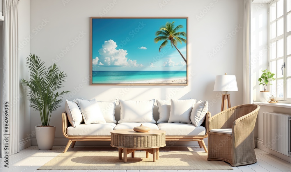 A bright and inviting living room featuring a coastal artwork, perfectly blending tranquility and elegance for interior design and home decor inspiration. A bright and inviting living room featuring a coastal artwork, perfectly blending tranquility and elegance for interior design and home decor inspiration.