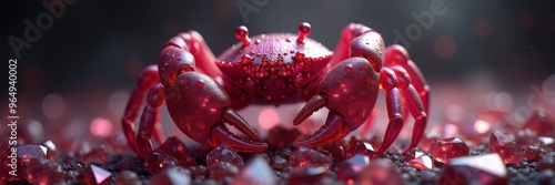 A stunning close-up of a vibrant red crab perched on sparkling gems, perfect for seafood, nature, or luxury themes. photo