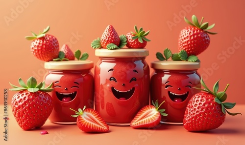 Cheerful jars of strawberry jam with smiling faces, surrounded by fresh strawberries. Perfect for food branding, packaging design, or children's products.