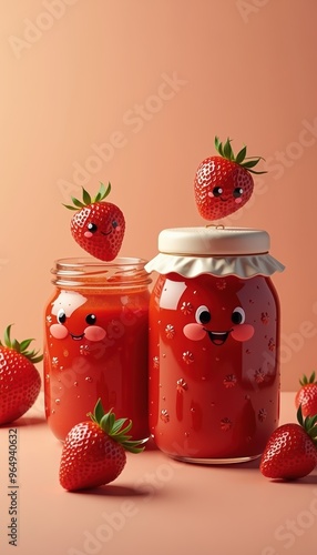 Charming and playful jars of strawberry jam with cheerful animated strawberries, perfect for marketing in food, children's products, or home decor.