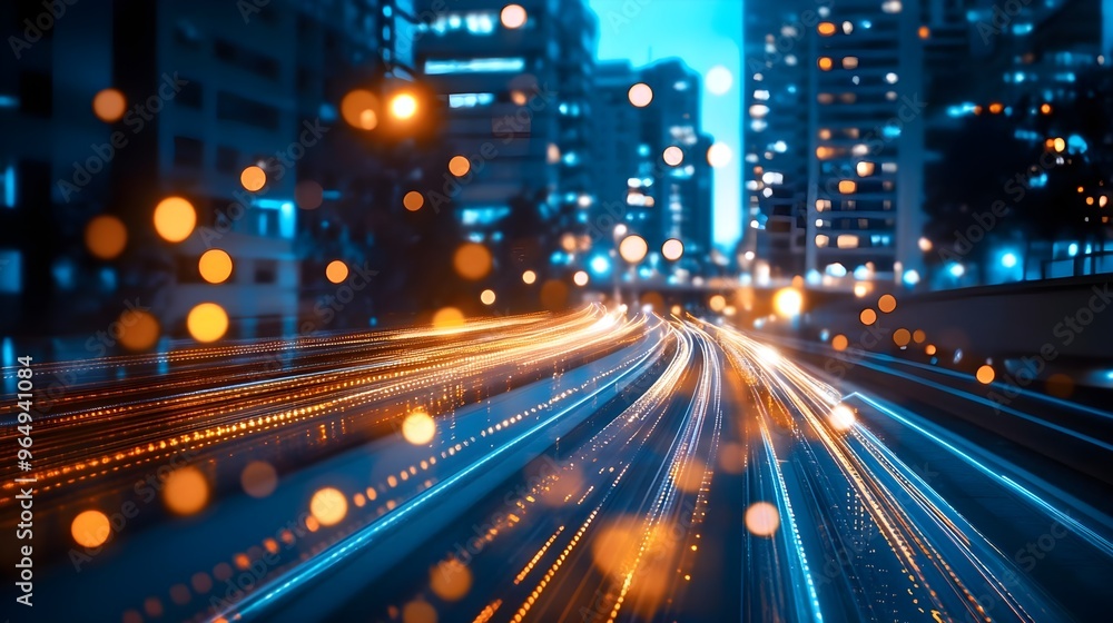 A dynamic cityscape at night featuring glowing lights and fast-moving traffic, creating an energetic urban atmosphere. A dynamic cityscape at night featuring glowing lights and fast-moving traffic, creating an energetic urban atmosphere.